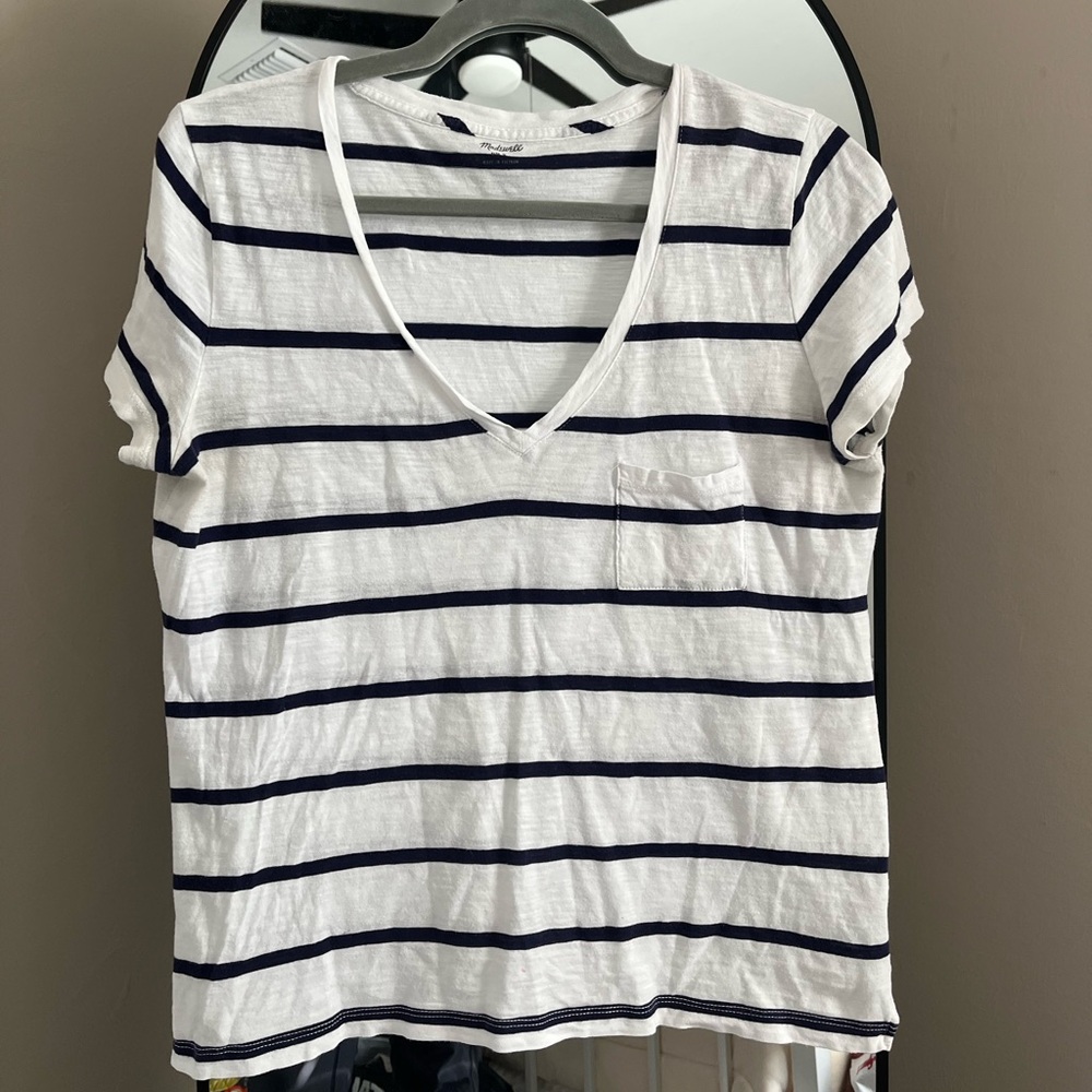 Madewell Navy and White Striped V-Neck Tee